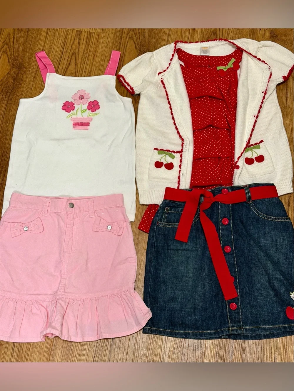 Gymboree Girls L 9/10 Cherry Tank & Cardi Denim Skirt Belt FloralTank Pink Skirt